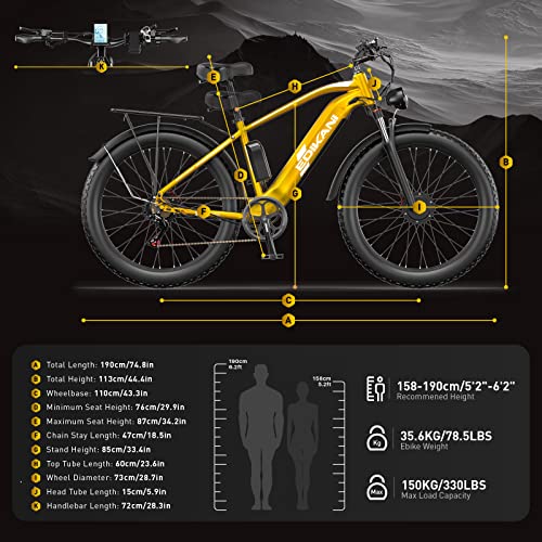 Ebike 26'' 1500W 48V 18A Electric Bike for Adult, 34mph Throttle 50 Mileage